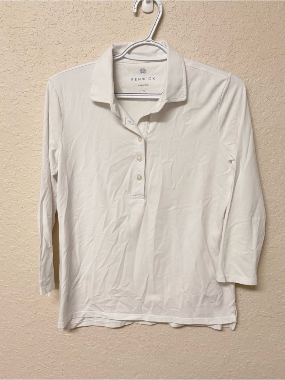 Renwick White Pima Cotton 3/4 Sleeve Polo Shirt Womens Sz S Preppy Golf